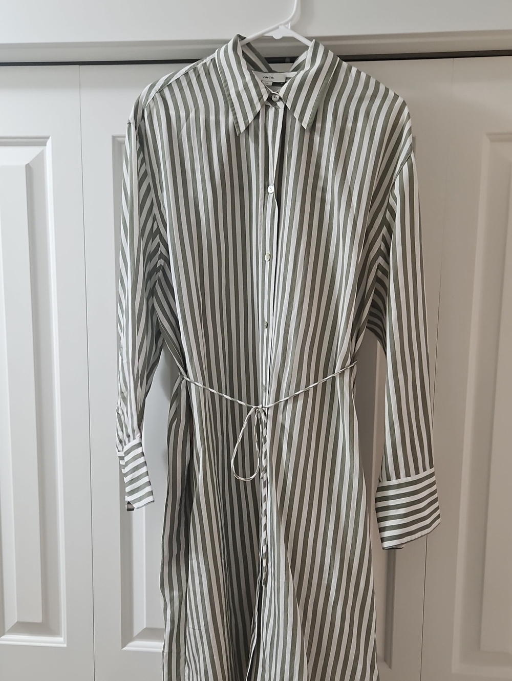 Vince Olive Green and White Striped Button-Up Shirt Dress